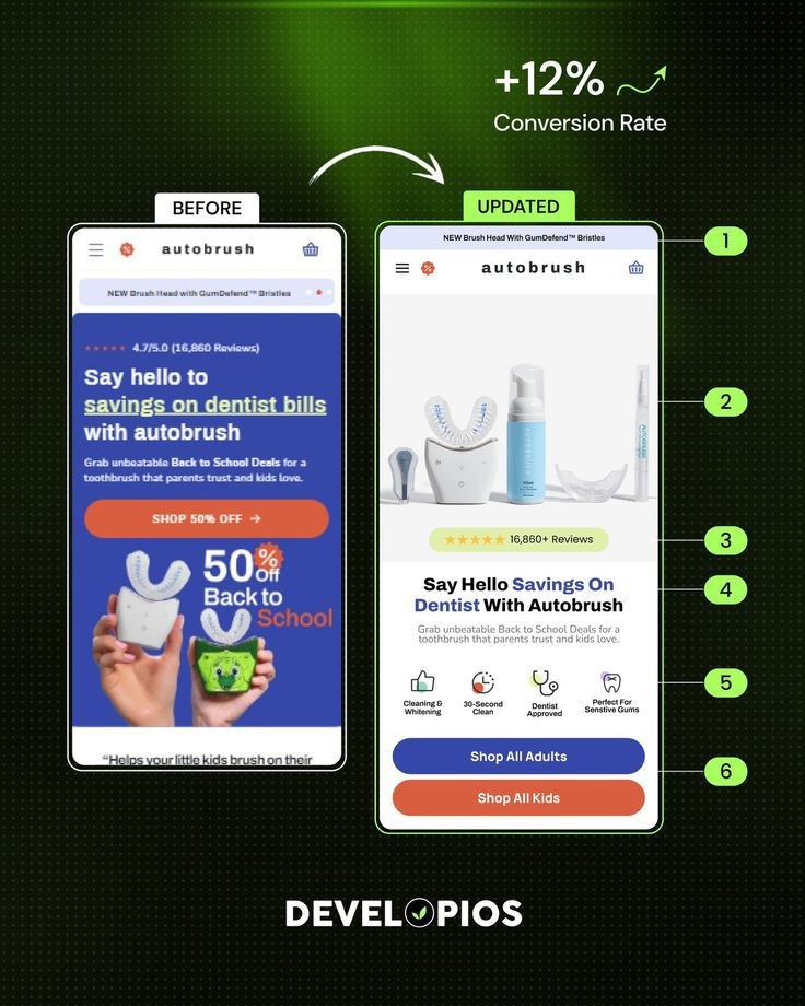 Before and after comparison of the Autobrush mobile homepage rebuilt by Timivantage Team