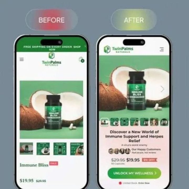 Before and after comparison of the TwinPalms Naturals mobile product page by Timivantage Team
