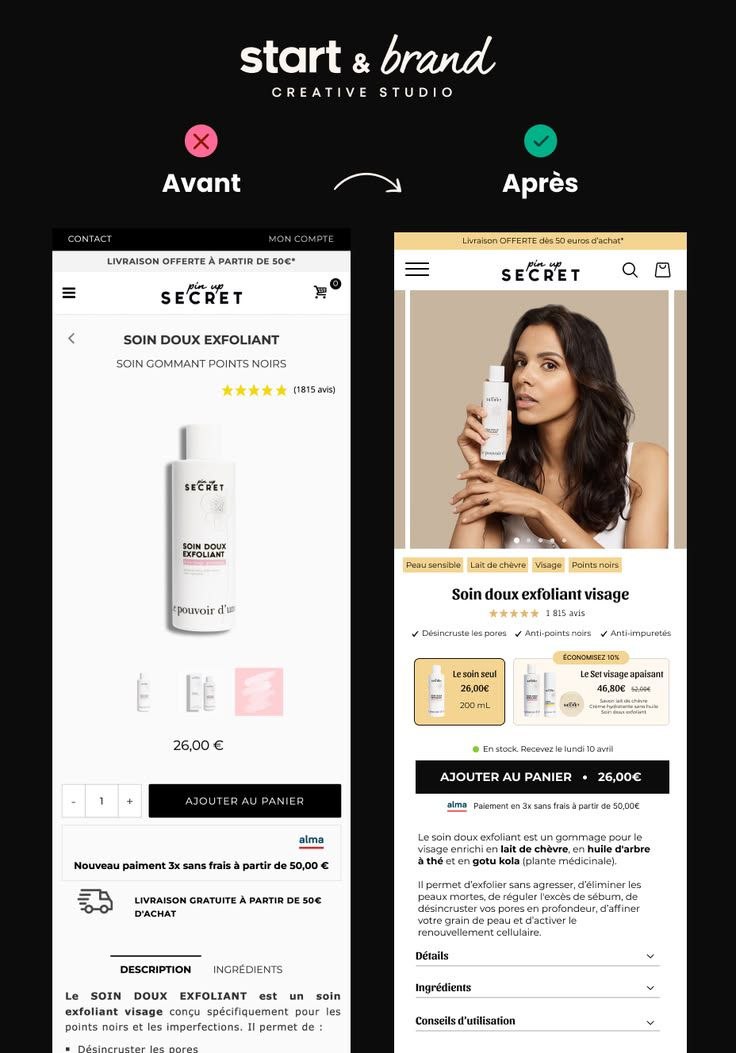 Before and after comparison of the Pin Up Secret mobile product page rebuilt by Timivantage Team