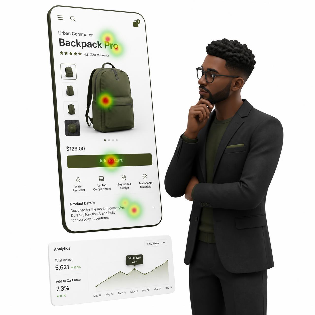 Ecommerce specialist analysing customer behaviour on a Shopify product page