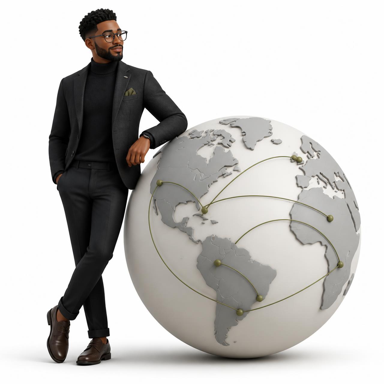 Ecommerce specialist beside a globe showing international commerce connections